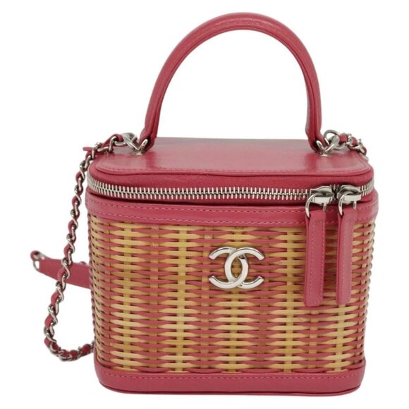 CHANEL Wicker Vanity Chain Shoulder Bag Rattan 2way Pink Silver CC Auth - Picture 2 of 16